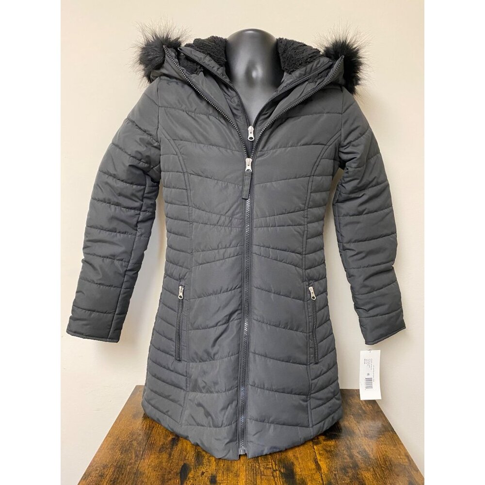 Maralyn & Me Women's Juniors' Black Faux Fur Trim Hooded Puffer Jacket Coat NWT